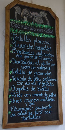 Foto einer Wandtafel in einem Restaurant in Aracena mit Pilzgerichten