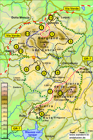 Übersichtskarte: Wanderwege in den Sierras Subbéticas, Andalusien