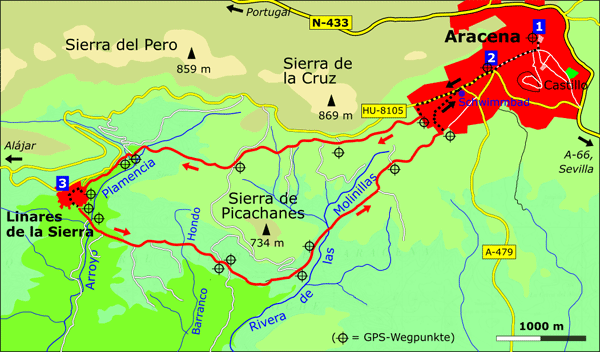 Wanderkarte Aracena - Linares de la Sierra - Aracena