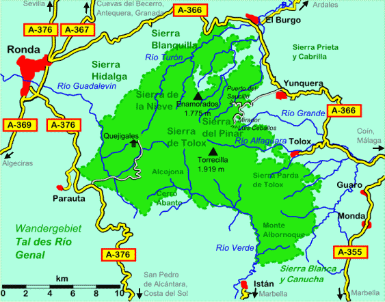 Übersichtskarte Naturpark Sierra de las Nieves, Andalusien