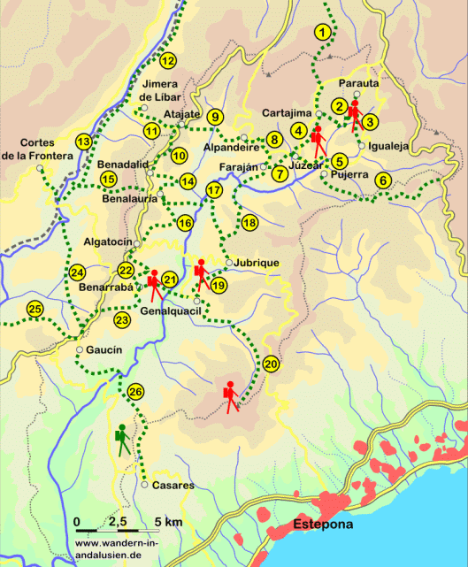 Karte, die die Lage der Wanderwege im Wandergebiet Tal des Río Genal (Andalusien) darstellt