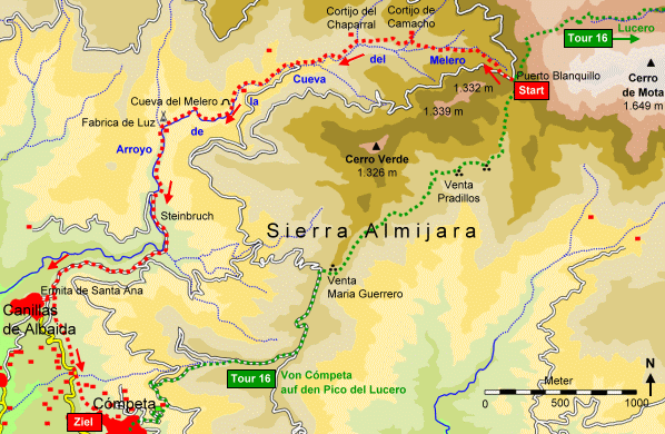 Wanderkarte: Vom Puerto Blanquillo durchs Tal des Arroyo Cuwva del Melero, Sierra de Almijara, Andalusien